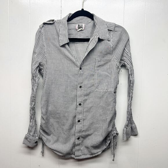 Billabong Pin Stripe Button Front Ruched Sides Womens Long Sleeve Shirt Sz Small - Picture 1 of 10